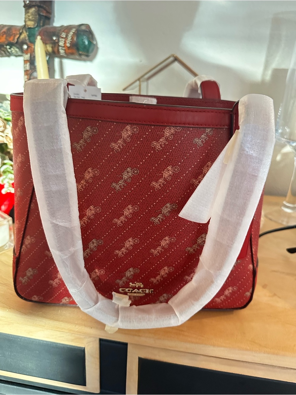 Coach Red Signature Monogram Tote with Gold Logo